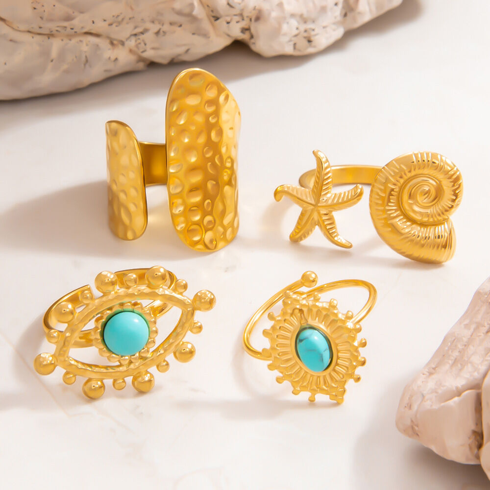 1 pezzo di lusso, elegante serie a forma di occhio, pietra naturale, acciaio inossidabile, impermeabile, colore oro, anelli regolabili da donna h5Immagine3