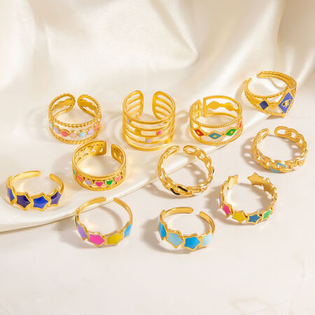 1 Piece Charming Series Chromatic Star Shape Oil- Glazing Stainless Steel Waterproof Gold Color Women's Adjustable Rings 2