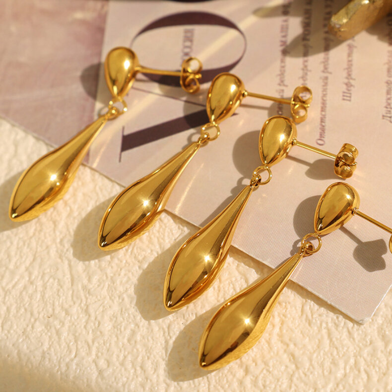 1 paio di orecchini pendenti da donna in acciaio inossidabile color oro, a forma di goccia irregolare, stile minimalista, chic h5 Immagine4