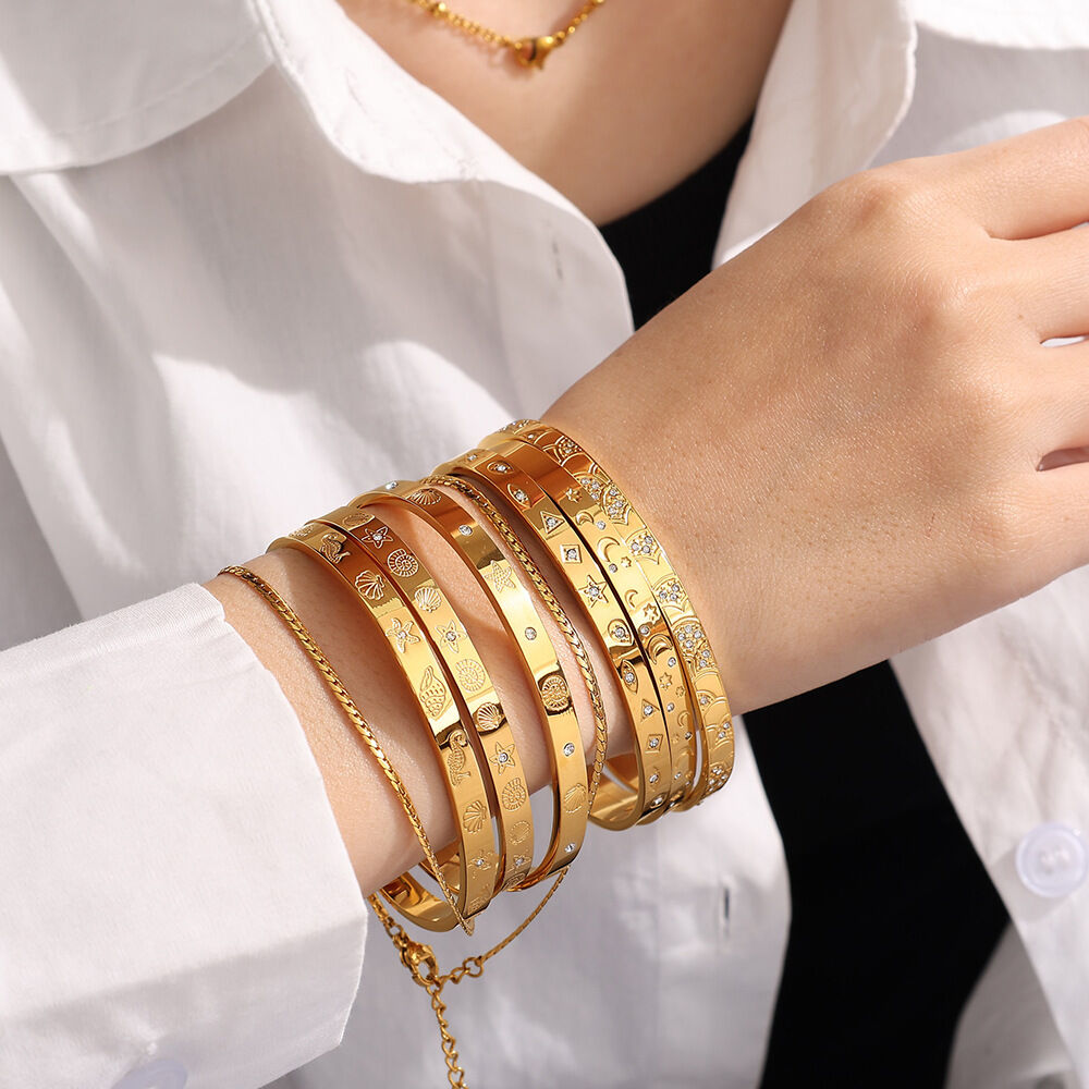 1 Stück Simple Series Klassische Schildkröte Edelstahl Goldfarben Strass Damen Armreifen