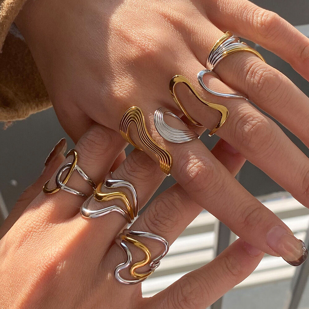 1 Stück Designable Series Personality Line Edelstahl Wasserdicht Gold & Silber Farbe Damen Verstellbarer Ring h5Bild3