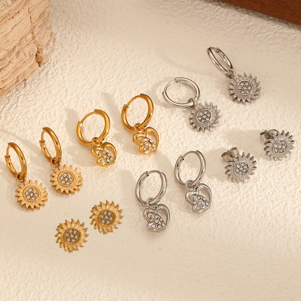 1 Pair Exquisite Series Stylish Sun Shape Stainless Steel Waterproof Gold Color Zircon Women's Drop Earrings