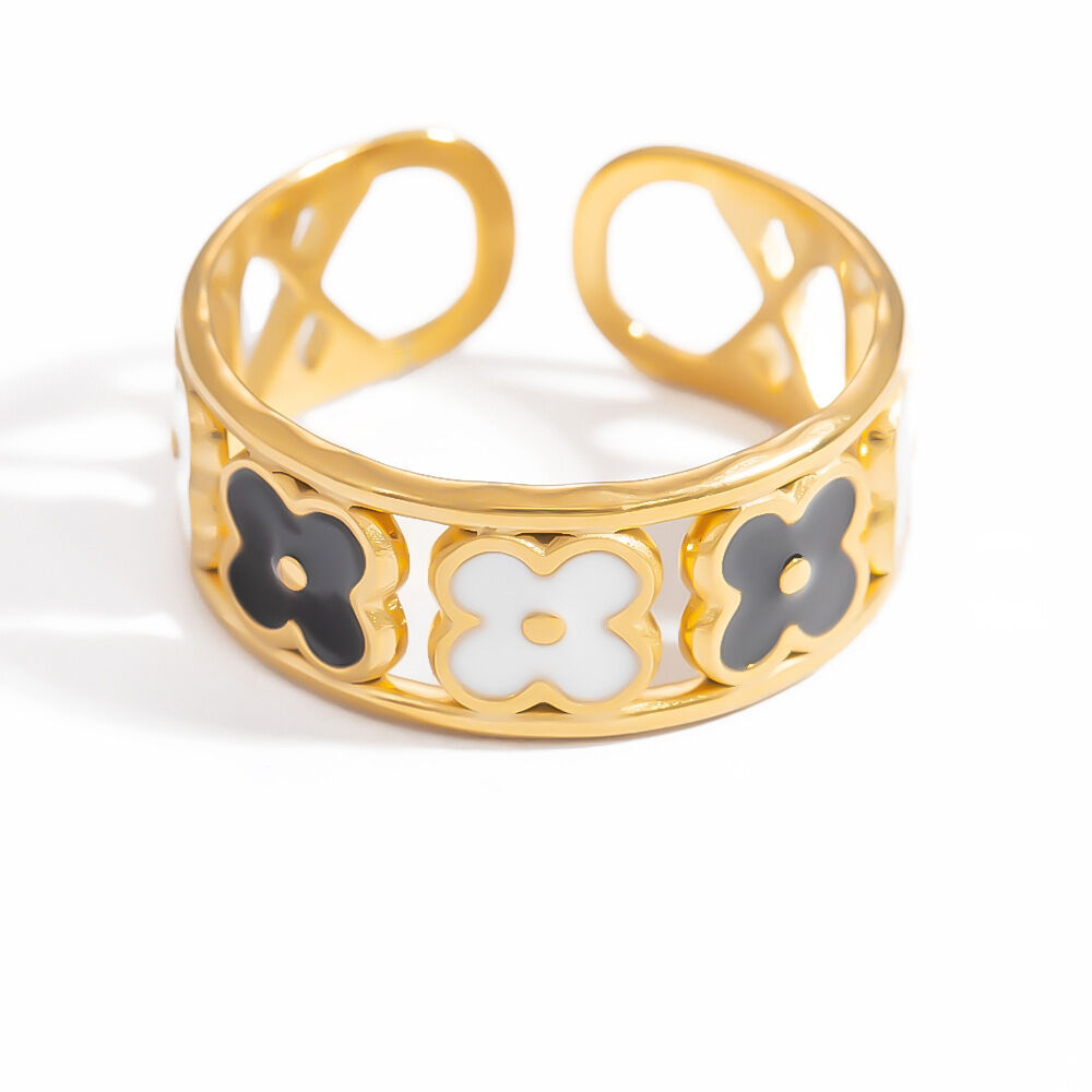Anillo ajustable para mujer, de acero inoxidable, resistente al agua, color dorado, con exquisitas flores de colores y esmaltado al óleo. h5 Imagen12