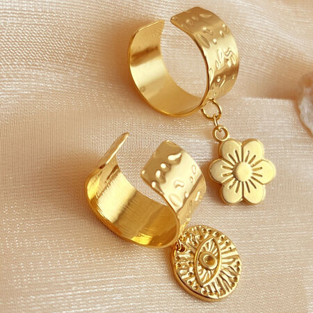 1 Piece Stylish Series Retro Eye Shape Wafer Dangle Stainless Steel Waterproof Gold Color Women's Adjustable Rings 2