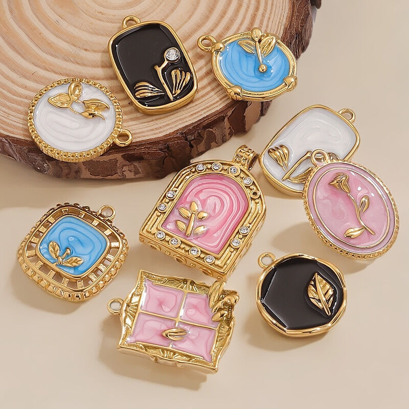 1 Piece Exquisite Series Retro Flower Oil- Glazing Stainless Steel Waterproof Gold Color Women's Pendants