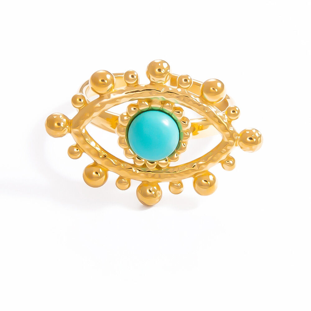 1 pezzo di lusso, elegante serie a forma di occhio, pietra naturale, acciaio inossidabile, impermeabile, colore oro, anelli regolabili da donna h5Immagine11