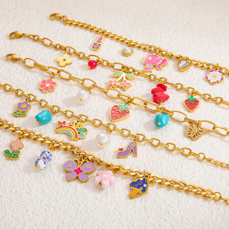 1 stuk romantische serie levendige bloemen olie-glanzende chromatische roestvrijstalen waterdichte gouden damesarmband met bedeltjes