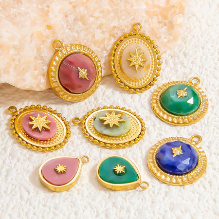 1 Piece Bohemian Series Retro Star Chromatic Natural Stone Stainless Steel Waterproof Gold Color Women's Pendants