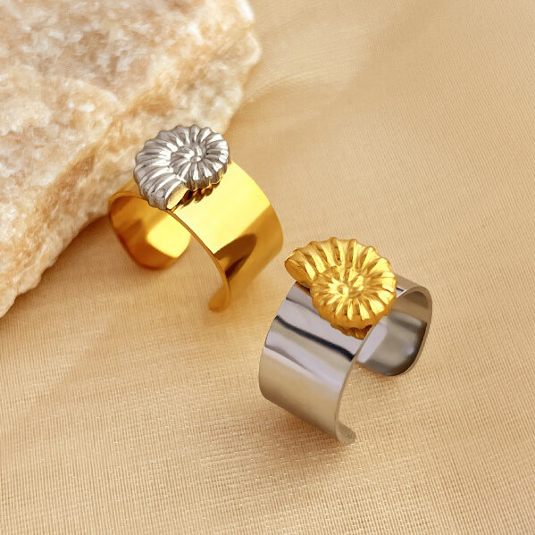 1 stuk Trendy Serie Strandschelp Roestvrij Staal Waterdicht Goud & Zilver Kleur Verstelbare Ringen voor Dames h5 Afbeelding3
