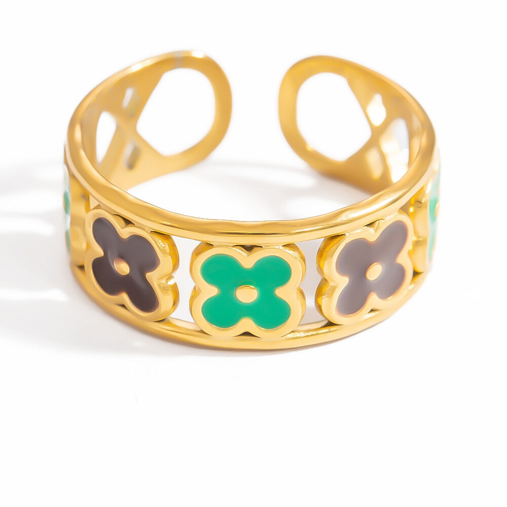 Anillo ajustable para mujer, de acero inoxidable, resistente al agua, color dorado, con exquisitas flores de colores y esmaltado al óleo. Imagen11