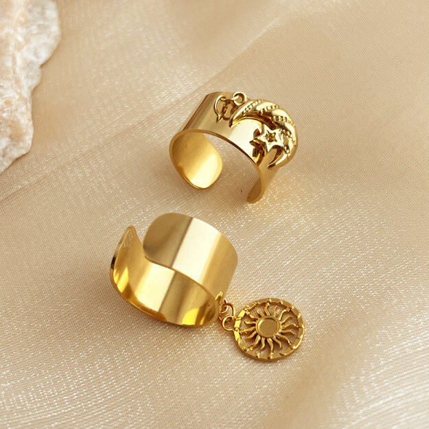 Anelli da donna regolabili in acciaio inossidabile, stile retrò, con sole, pendenti, classici, impermeabili, color oro, 1 pezzo h5 Immagine5
