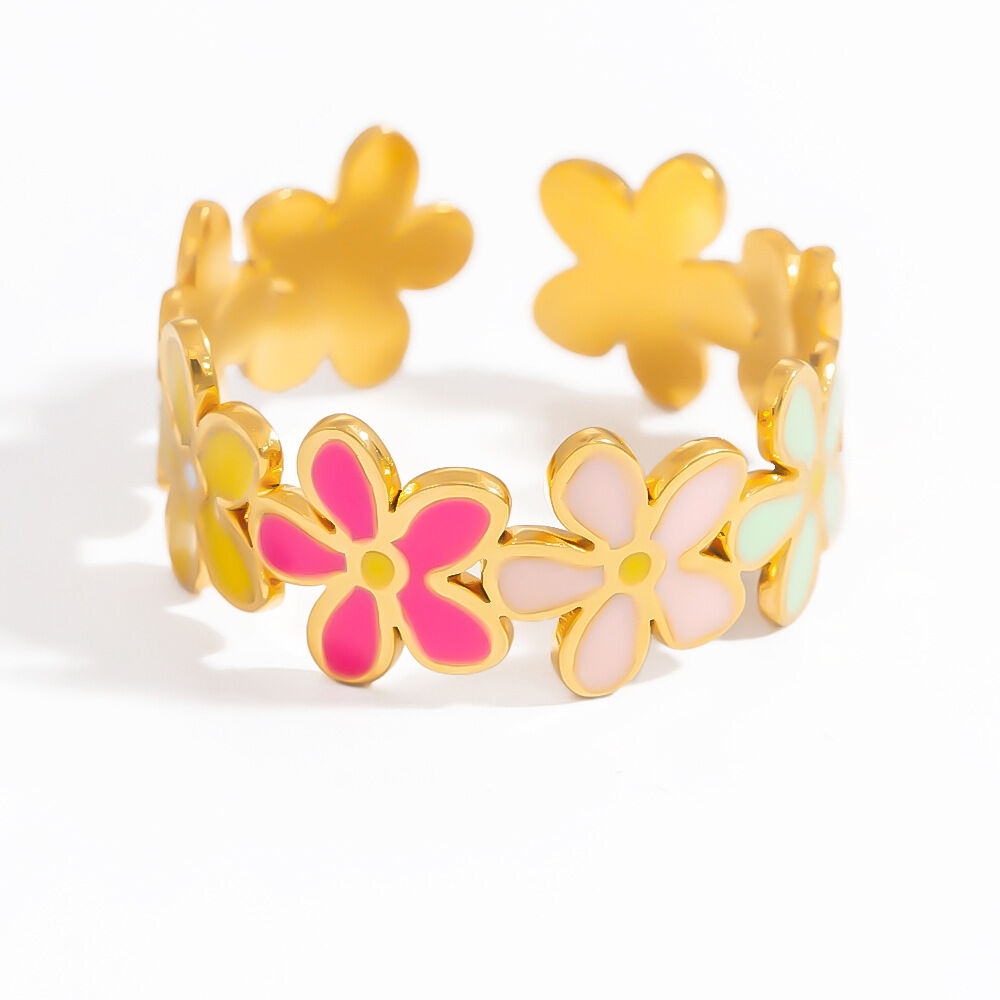 Anillo ajustable para mujer, de acero inoxidable, resistente al agua, color dorado, con exquisitas flores de colores y esmaltado al óleo. h5 Imagen9