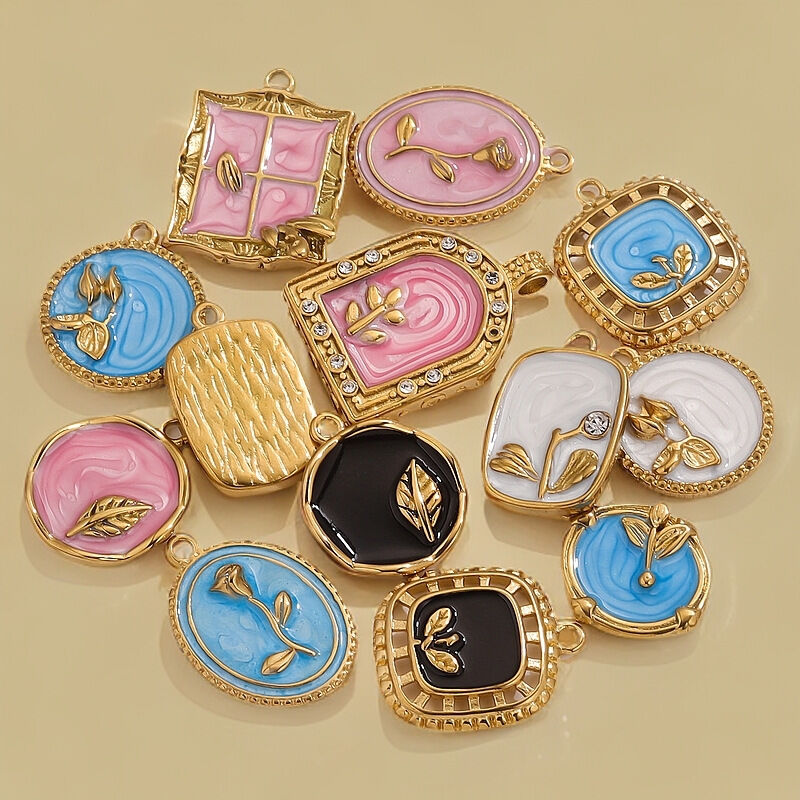 1 Piece Exquisite Series Retro Flower Oil- Glazing Stainless Steel Waterproof Gold Color Women's Pendants h5 Picture4
