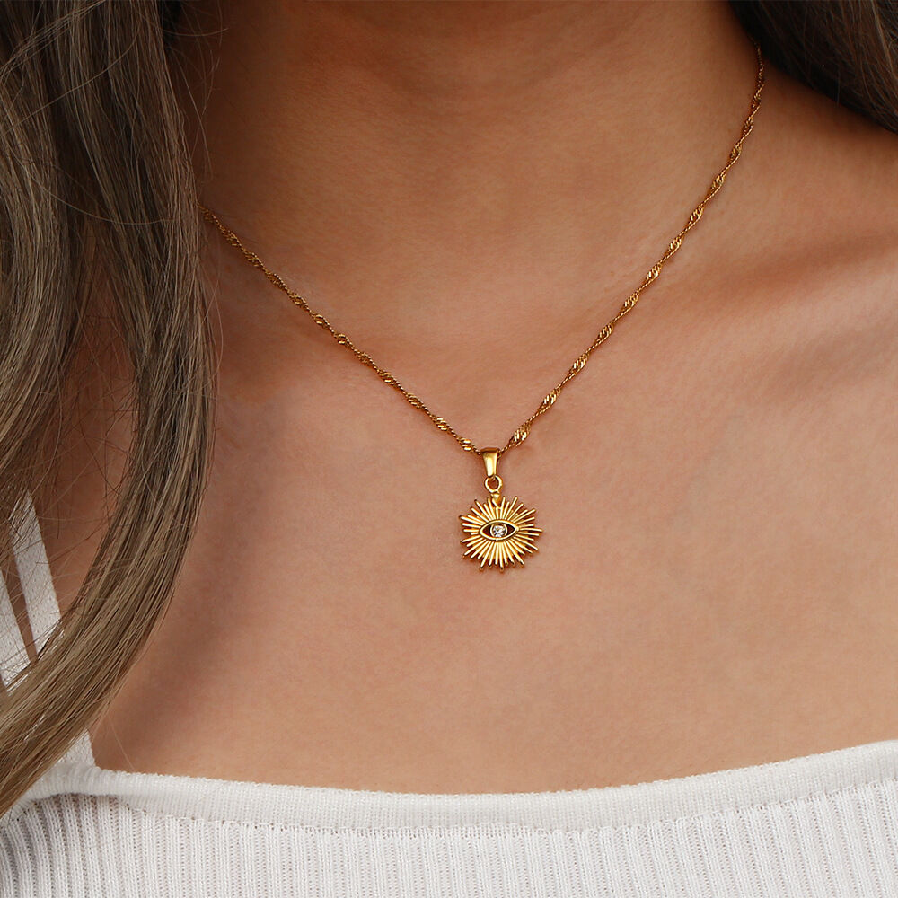 Collana con ciondolo da donna color oro impermeabile in acciaio inossidabile con occhio retrò, serie lussuosa, 1 pezzo h5Immagine7