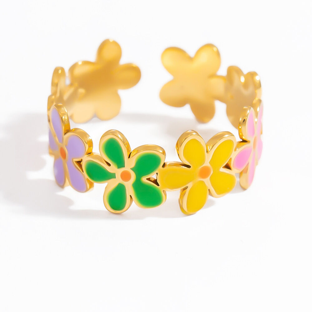 Anillo ajustable para mujer, de acero inoxidable, resistente al agua, color dorado, con exquisitas flores de colores y esmaltado al óleo. Imagen8