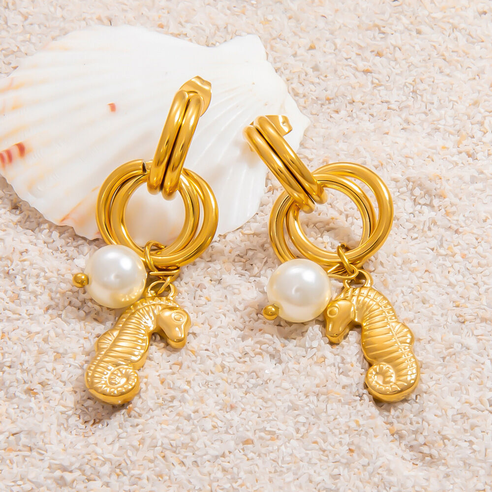 Boucles d'oreilles pendantes pour femme, en acier inoxydable doré, imperméables, en forme d'hippocampe, collection de luxe (1 paire). h5 Image5