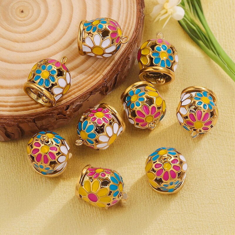 1 Piece Gorgeous Series Vogue Enamel Flower Pattern Bell Shape Stainless Steel Waterproof Gold Color Women's Pendants