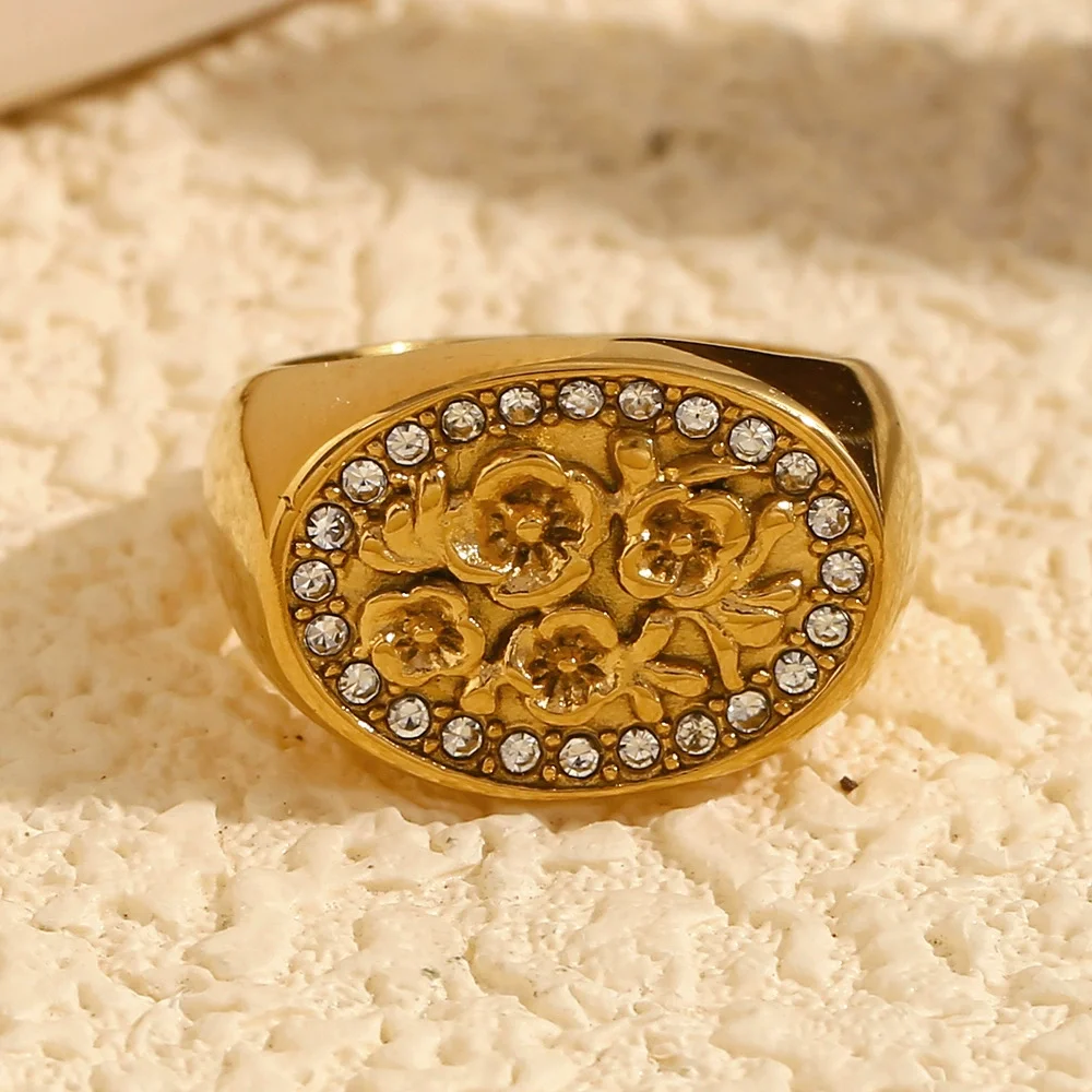 1 Piece Luxurious Series Natural Flower Stainless Steel Waterproof   Gold Color  Women's Signet Rings Picture5