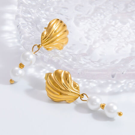 1 Pair Graceful Series Elegant Conch Shape Beads Stainless Steel Waterproof Gold Color Women's Beads Earrings 2