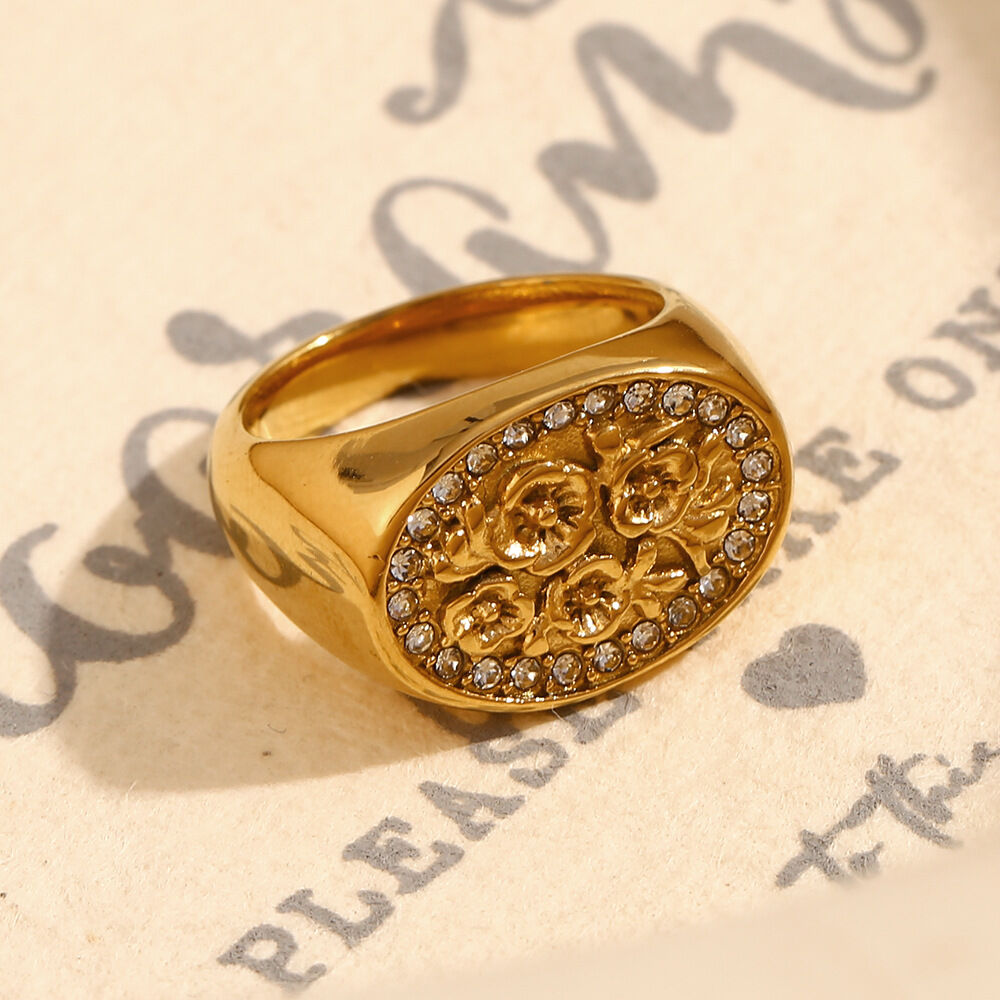 1 Piece Luxurious Series Natural Flower Stainless Steel Waterproof   Gold Color  Women's Signet Rings h5 Picture4