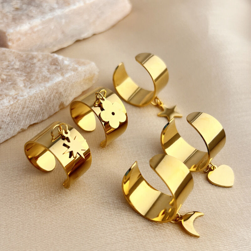 1 Piece Designable Series Chic Flower Dangle Stainless Steel Waterproof Gold Color Women's Adjustable Rings