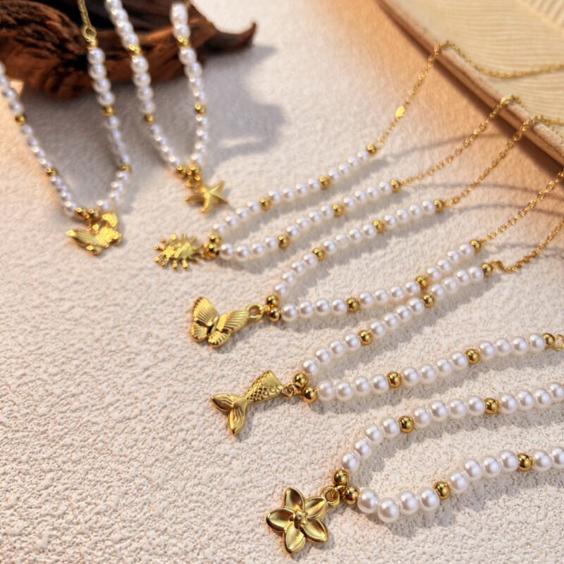 1 Piece Vacation Series Retro Marine Element Shape Stainless Steel Waterproof Gold Color Women's Beaded Necklaces 2