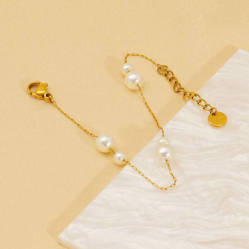 bracelet chaîne en acier inoxydable plaqué or  avec perles artificielles pour femme, 1 pièce 2