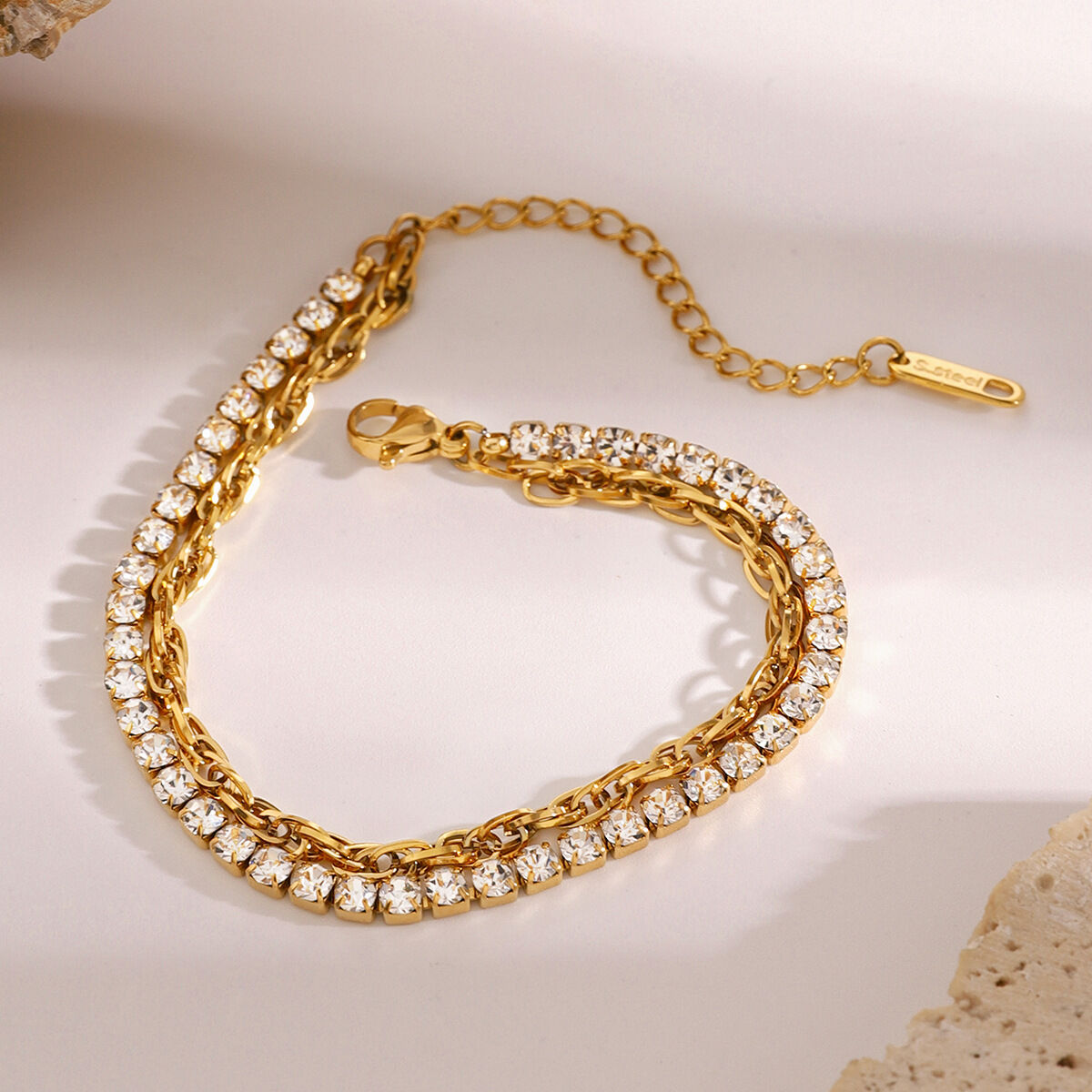 1 piece luxurious series simple geometric stainless steel  gold plated rhinestone women chain bracelets 2