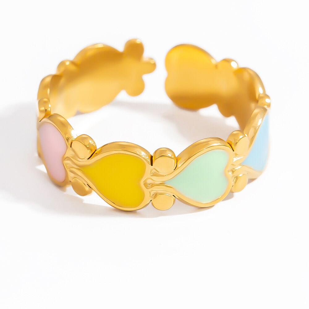 Anillo ajustable para mujer, de acero inoxidable, resistente al agua, color dorado, con exquisitas flores de colores y esmaltado al óleo. h5 Imagen6