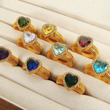 1 pair romantic series retro heart colorful stainless steel gold color plated zircon women's single rings