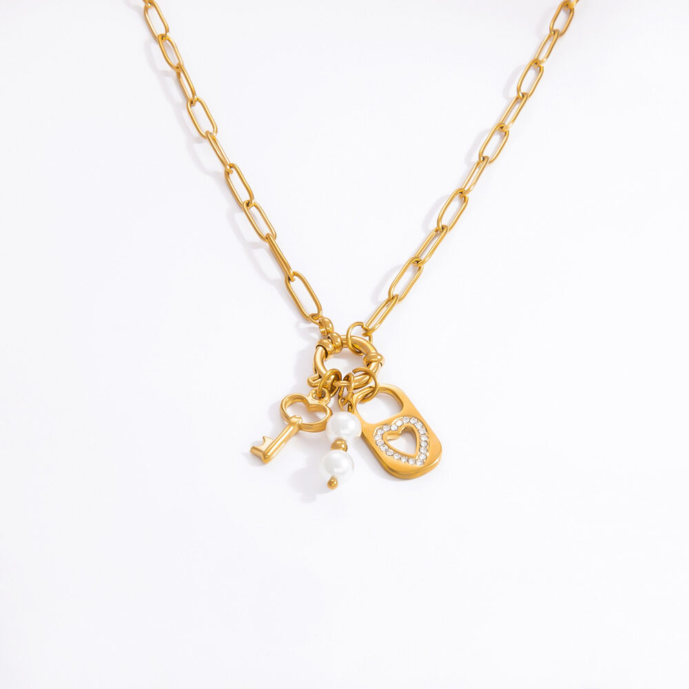 collier avec pendentif en acier inoxydable plaqué or  et strass pour femme, série classique, style rétro Image7