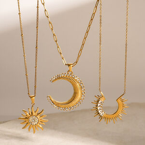 1 piece simple series punk sun/moon stainless steel gold plated rhinestone women pendant necklaces h5 Picture4