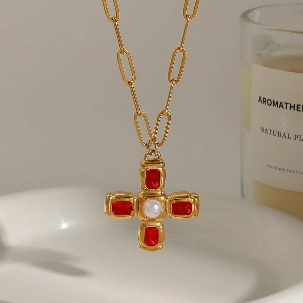 Collana con ciondolo da donna color oro impermeabile in acciaio inossidabile a forma di croce, 1 pezzo, serie lussuosa h5Immagine4