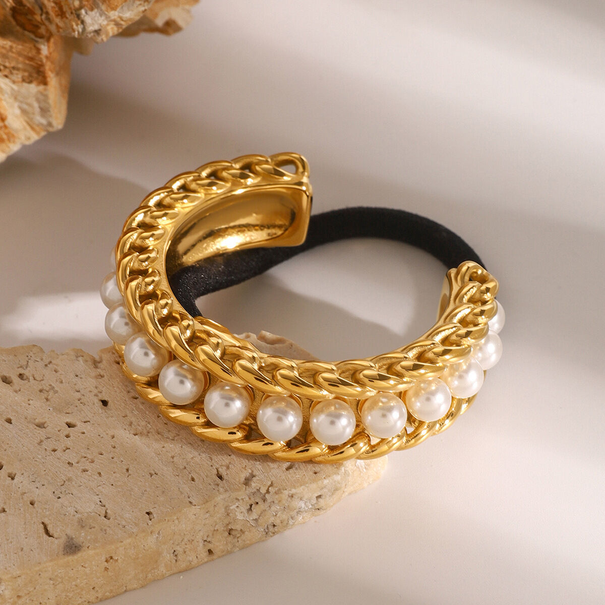 1 Paar Haargummis aus der Classic-Serie, elegant, geometrisch, Edelstahl, 18 Karat vergoldet, Kunstperlen, für Damen h5Bild2