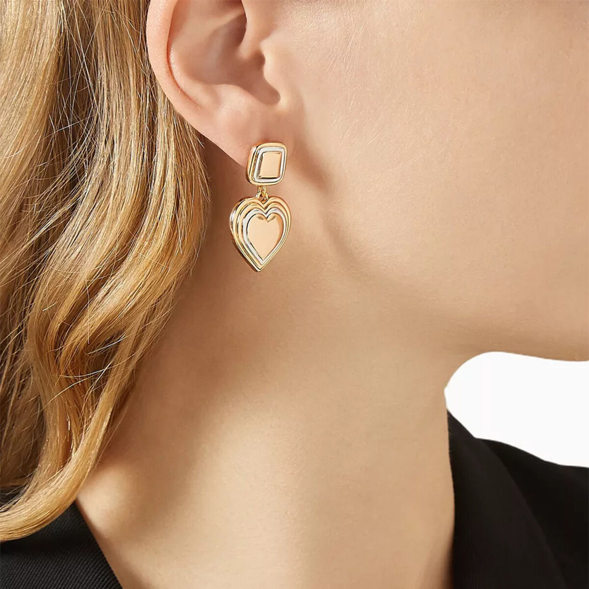 Boucles d'oreilles pendantes pour femme, en acier inoxydable étanche, forme cœur, coloris or et argent, collection classique (1 paire). Image5