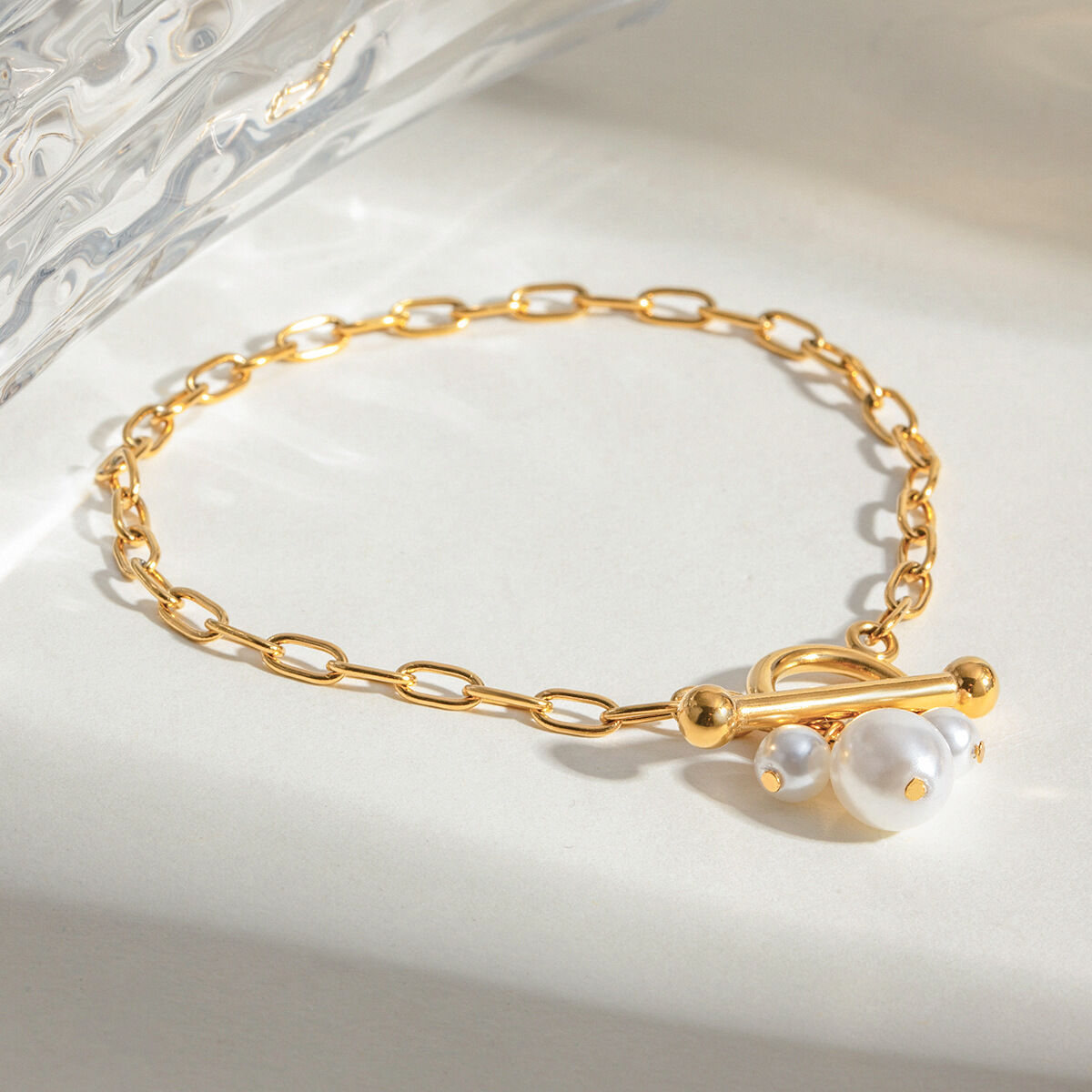 1 piece simple series sweet geometric stainless steel  gold plated artificial pearl women charm bracelets 2