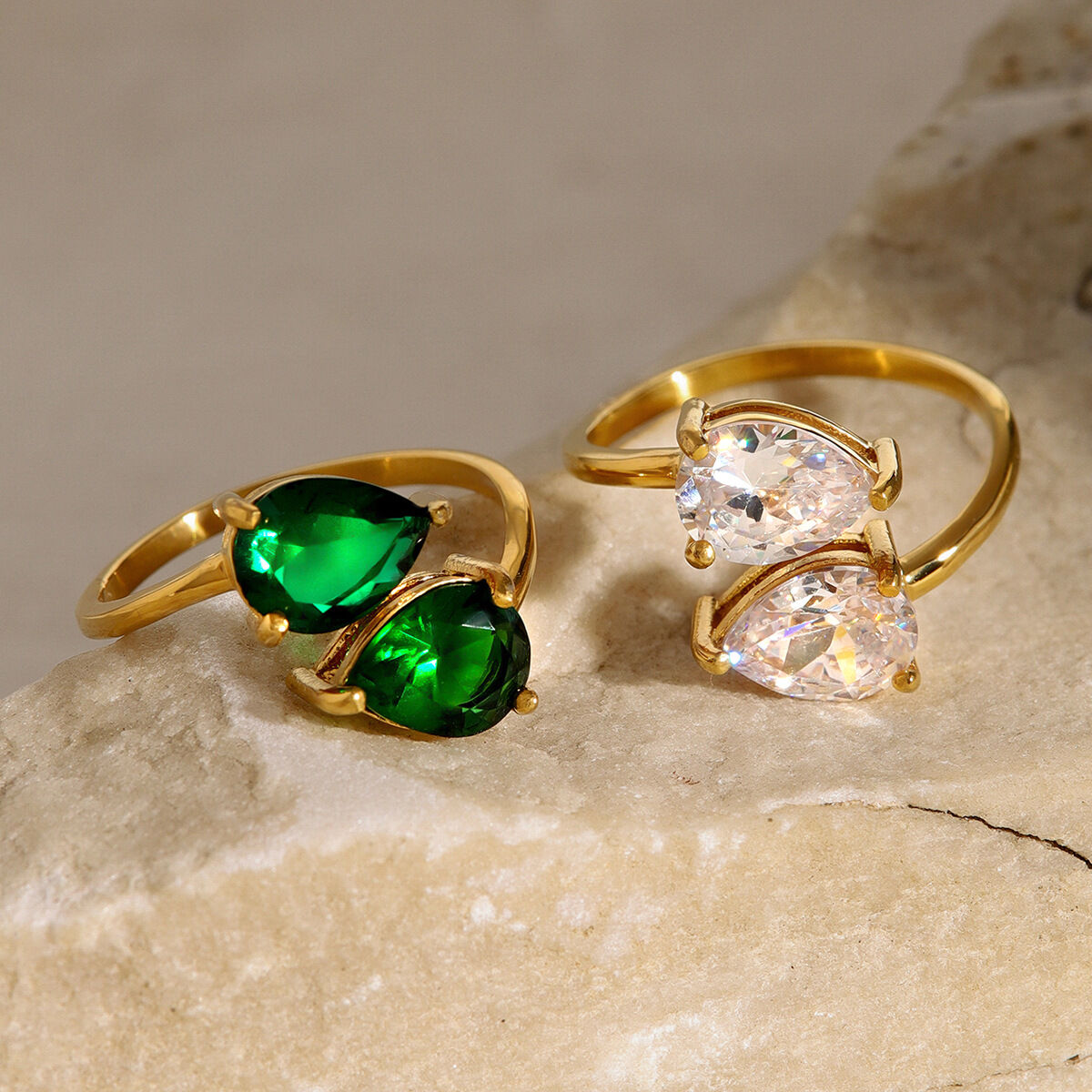 1 par de anillos ajustables para mujer de acero inoxidable con circonitas chapadas en oro de 18 quilates y diseño geométrico retro de serie simple h5 Imagen3