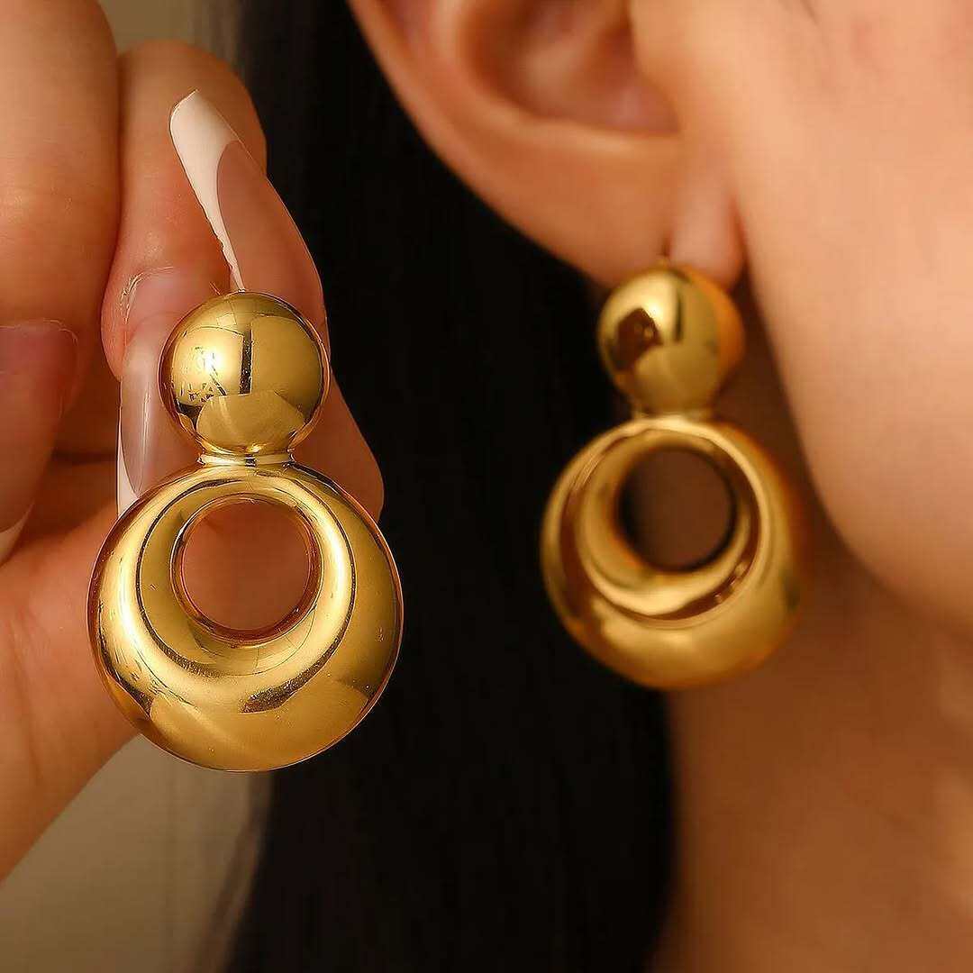 1 Pair Simple Series All-match Double Round Stainless Steel Waterproof Gold Color Women's Stud Earrings