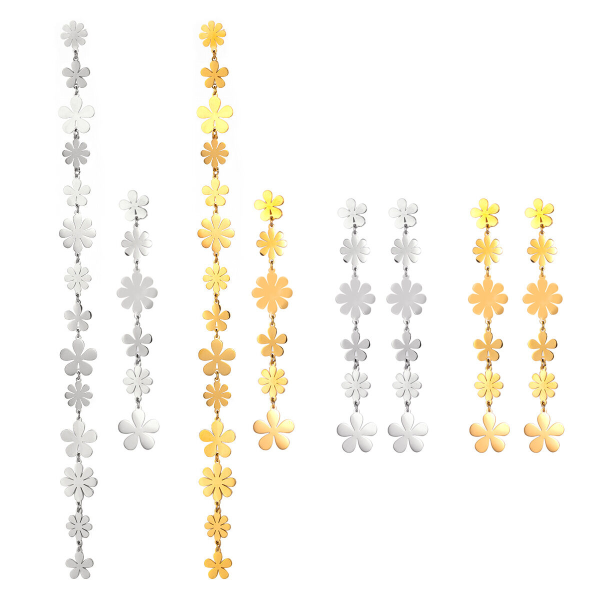 Boucles d'oreilles pendantes asymétriques en acier inoxydable doré, ornées de petites marguerites et d'un pompon élégant. Image8