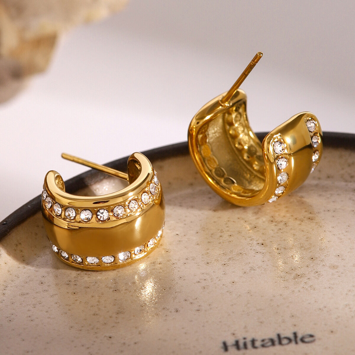 1 par de pendientes de botón con diamantes de imitación de acero inoxidable chapados en oro de 18 quilates para mujer, estilo geométrico, serie simple h5 Imagen4