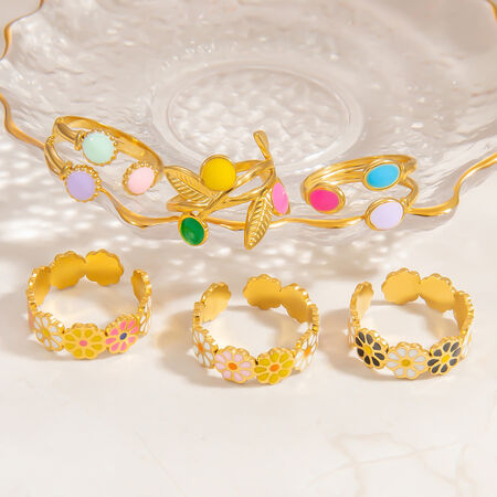 1 Piece Charming Series Chromatic Daisy Shape Oil- Glazing Stainless Steel Waterproof Gold Color Women's Adjustable Rings