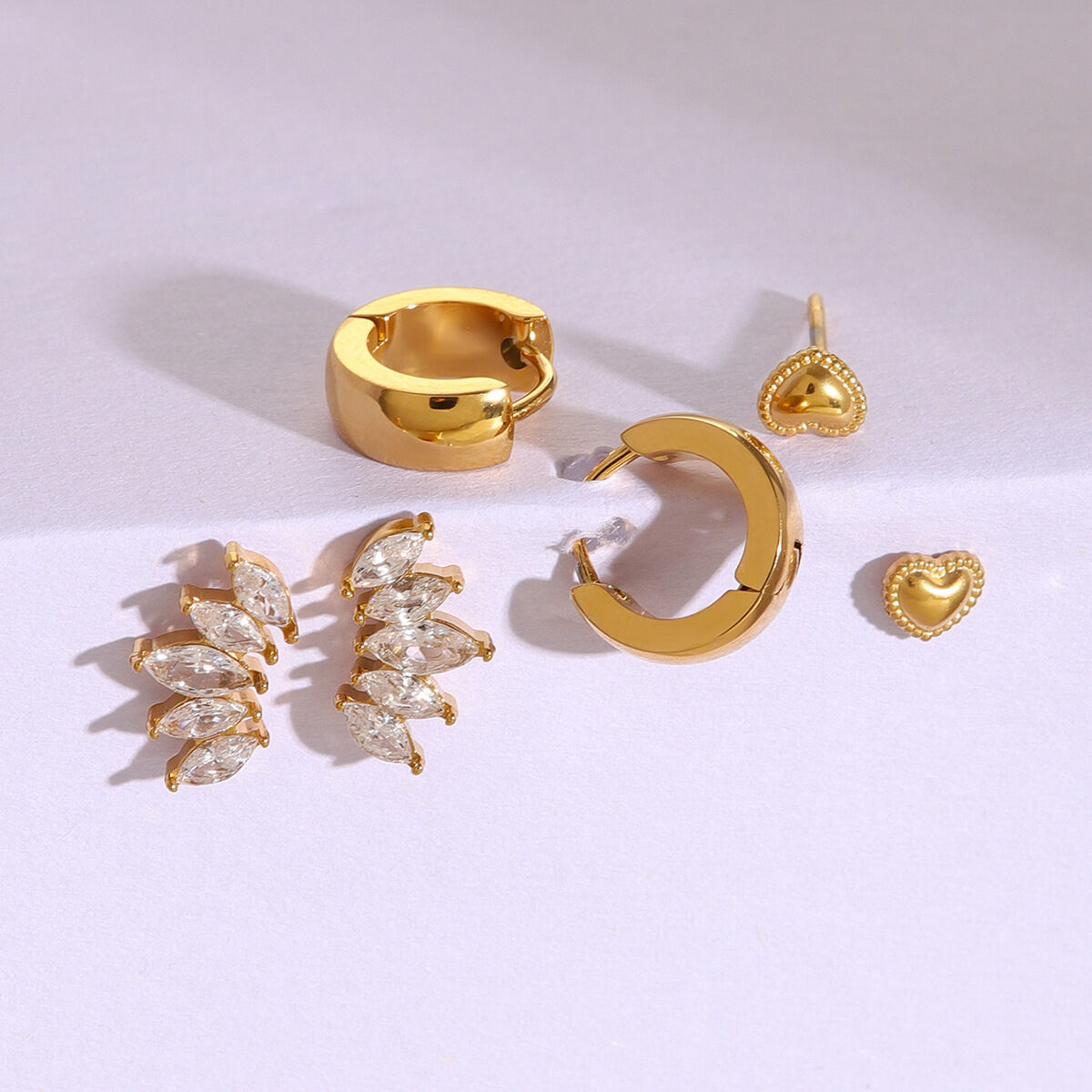 1 Set Sweet Heart Stainless Steel Waterproof Gold Plated Zircon Women's Earrings Set h5 Picture4