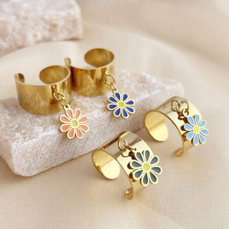 1 Piece Romantic Series Colorful Natural Daisy Dangle Stainless Steel Waterproof Gold Color Women's Adjustable Rings