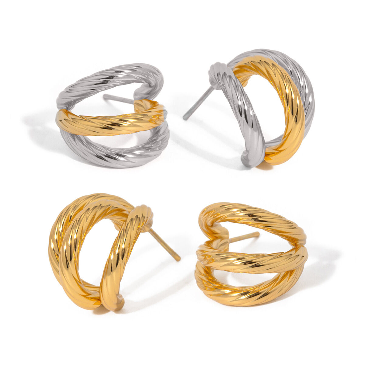 Orecchini in acciaio inossidabile oro 18K leggeri di lusso semplici di alta qualità di nicchia a tre strati in acciaio al titanio filettato a forma di C orecchini Immagine9