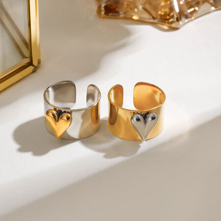 1 Pair Romantic Series Love Heart Fashionable Stainless Steel Waterproof Gold and Silver Color Women's Adjustable Rings 2