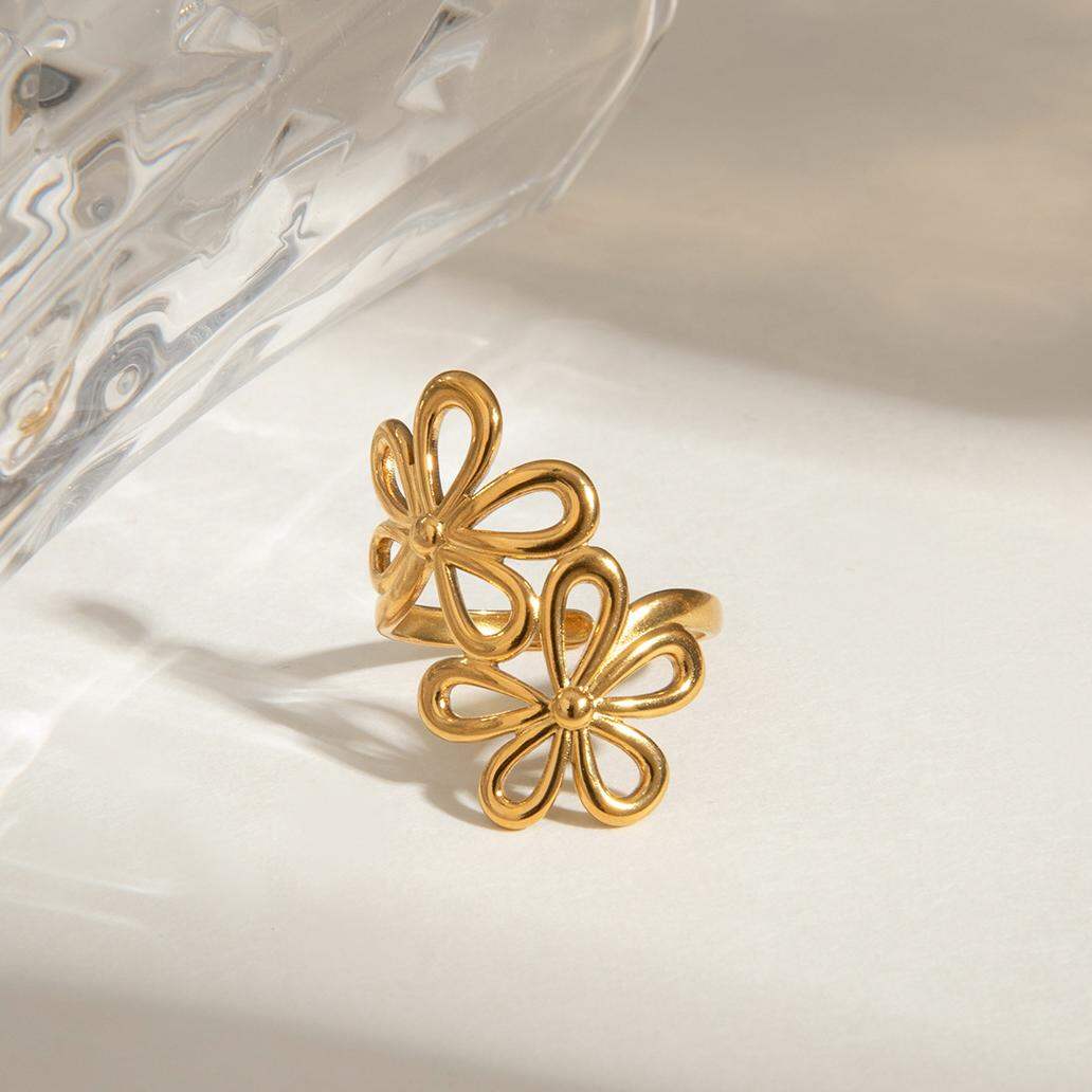 1 Piece Romantic Series Elegant Double Flowers Stainless Steel Waterproof Gold Color Women's Adjustable Rings