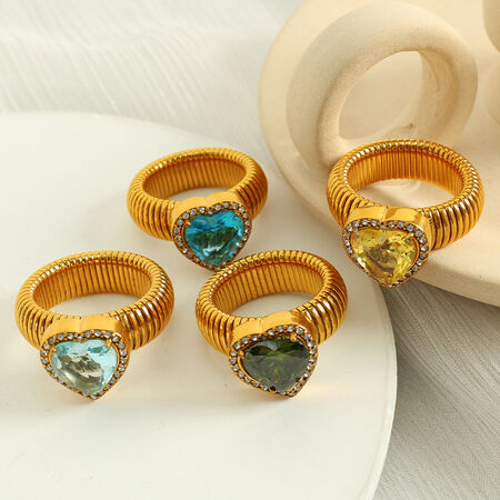 1 pair romantic series retro heart colorful stainless steel gold color plated zircon women's single rings 2