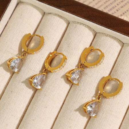 1 pair luxurious series elegant droplet titanium steel gold color plated rhinestone women's drop earrings 2