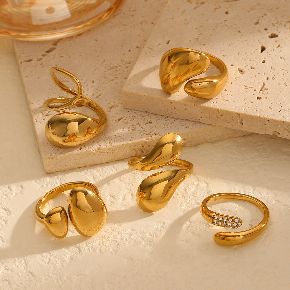 1 pair simple series simple geometric stainless steel  gold plated women adjustable rings 2