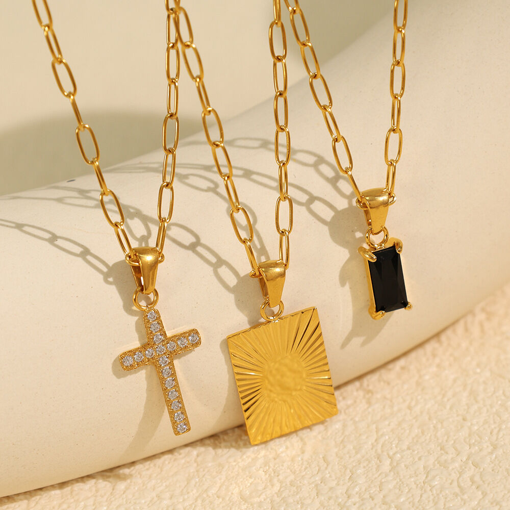 1 pezzo semplice serie semplice croce in acciaio inossidabile placcato oro 18K zircone donne collane con ciondolo h5 Immagine3